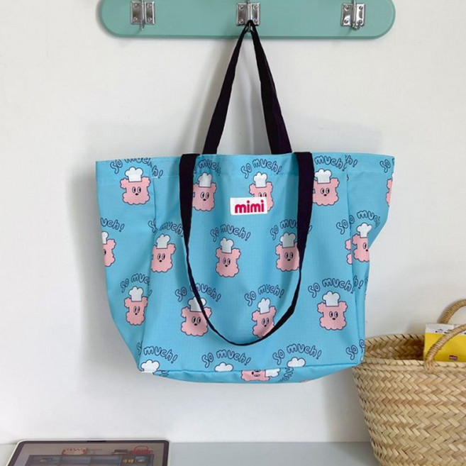 후암마켓 피크닉 도시락 간식 방수 토트백 에코백 다용도 비치백, 파랑색 강아지, 1개