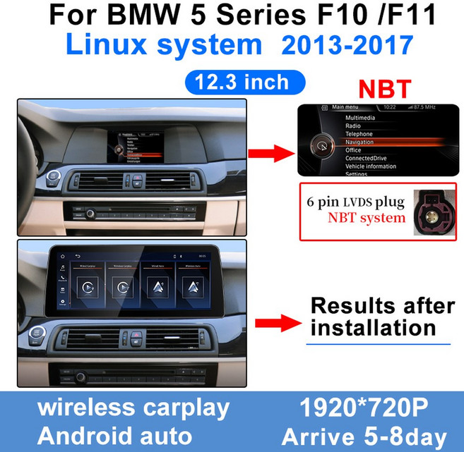카플레이 모니터 공장 가격 BMW 시리즈 F10 F11 CIC NBT 무선 Carplay 안드로이드 자동차 멀티미디어 비디오 플레이어에 대한 12 인치 디스플레이 화면, Linux 12.3 inch NBT