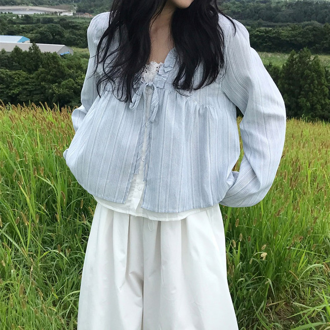 페트리코어 셀리 일체형 프릴 레이스 블라우스