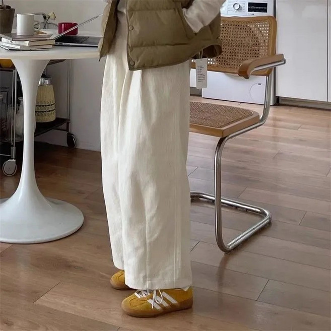 여성 골덴 팬츠 캐주얼 가을 겨울 하이웨이스트 슬랙스 9부 바지 루즈핏 기질 빈티지 코듀로이 바지 ZZL