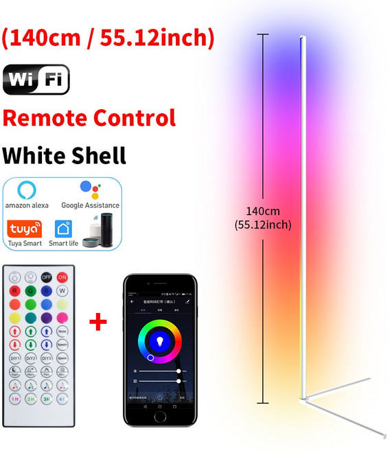 거실 밍이 가능한 라이트 스마트 플로어 코너 조명 APP RGB 140CM 침실 스탠드 장식 램프 북유럽 인테리어 무드 LED, WIFI White, RGB CW WW, EU Plug