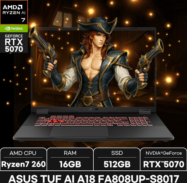 에이수스 2025 TUF 게이밍 노트북 A18 라이젠7 260 지포스 RTX 5070, FA808UP-S8017, WIN11 Home, 16GB, 512GB, 예거 그레이