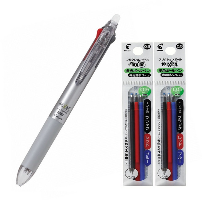 파이롯트 프릭션 지워지는 멀티 볼펜 0.5mm 리필심 세트, 3색 다크실버 1개+리필 혼합 3개입 2개