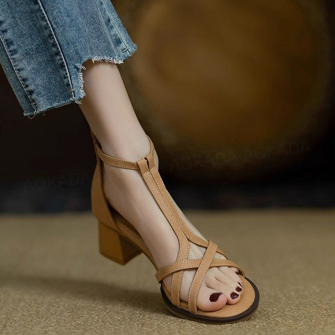 AOKADA 여성 여름 스퀘어 힐 발편한 스트랩 마리제인 샌들3-5CM