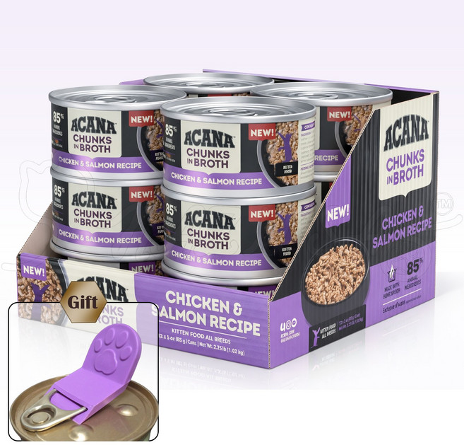 아카나 주식캔 습식사료 청크 뼈육수 키튼 + 발바닥캔따개 1개 증정, 85g, 12개, 닭+연어