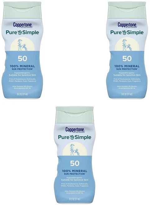 Coppertone 코퍼톤 퓨어 앤 심플 미네랄 선크림 로션 SPF 50, 3개, 177ml - 쿠팡