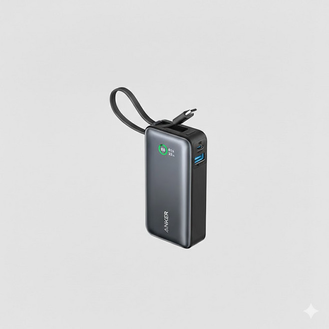 Anker Nano 自帶線充電寶 A1259 10000mAh 30W 雙向快充 行動電源 磐石黑 Type-C線 LCD智能屏顯 輕巧便攜 3C認證 一年保固, 磐石黑(Type C線)