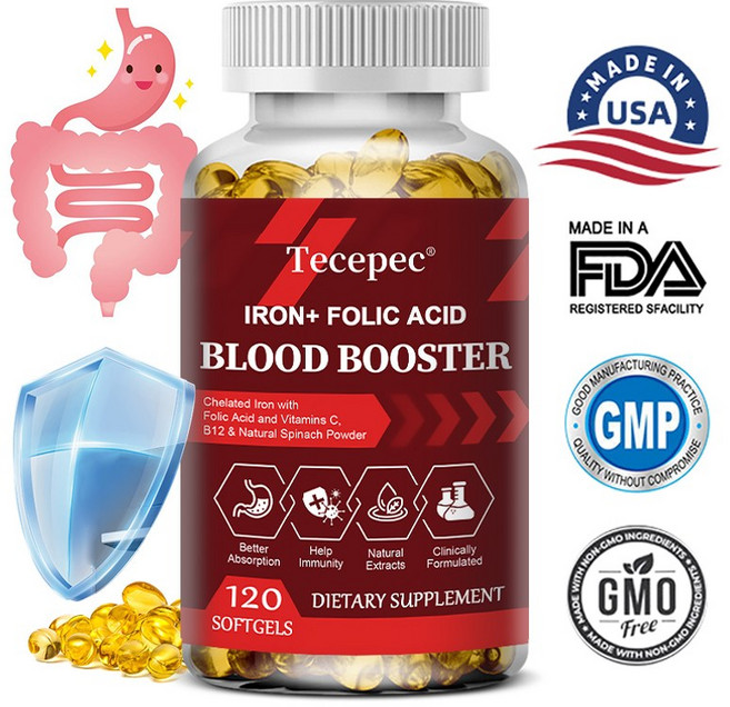 철분 + 엽산 보충제 - 비타민 C B12 및 천연 시금치 분말이 함유된 혈액 부스터로 헤모글로빈을 증가시키고 건강한 혈액 순환 및 적혈구 지원 강화, 60캡슐, 1개