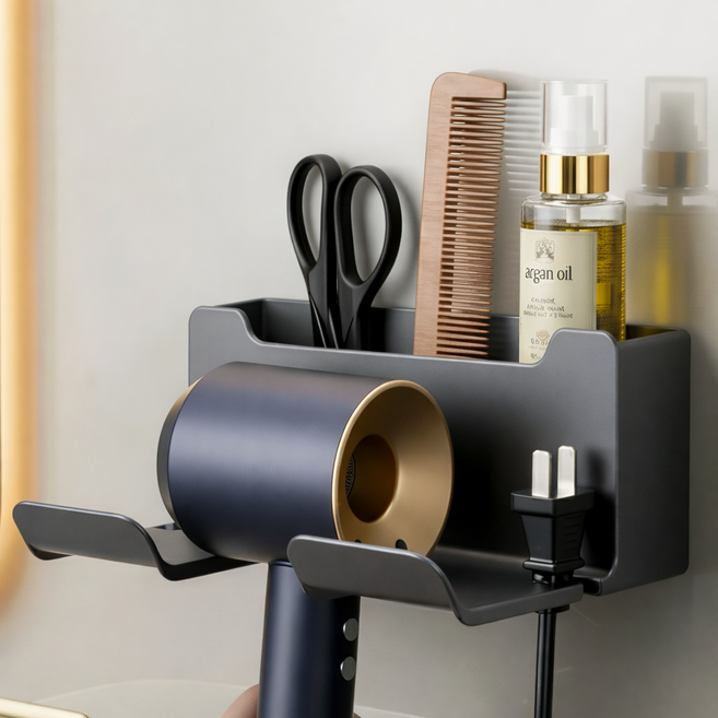 시딘퓨 무타공 강력접착 드라이기 거치대 수납형, 그레이, 1개