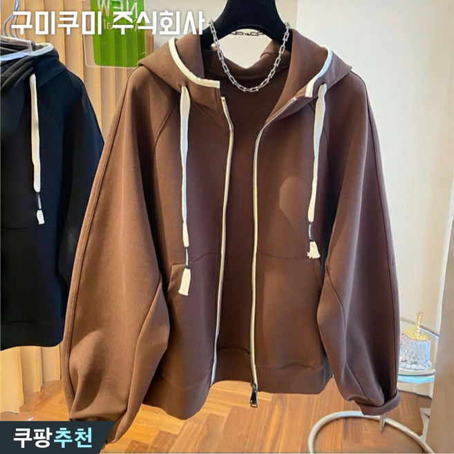 150kg까지 빅사이즈 여성 기모 얇은 루즈핏 더블 집업 포켓 후드티 긴팔티 가을 겨울 편한 스트링 배색 스판 심플 데일리 트레이닝 3xl 4xl 간절기 아우터 상의 코트