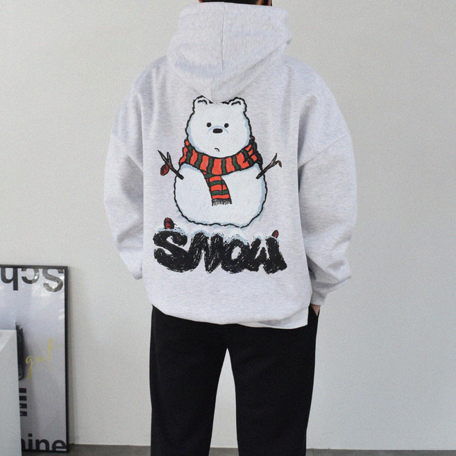 뉴에스지 남녀공용 이중지 기모 면 베어 스노우 루즈핏 후드