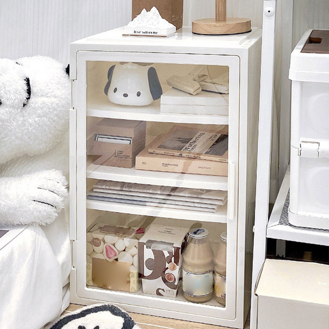SeekFun 침대 사이드 협탁 투명 도어 인테리어 다용도 수납장, 화이트, 1개
