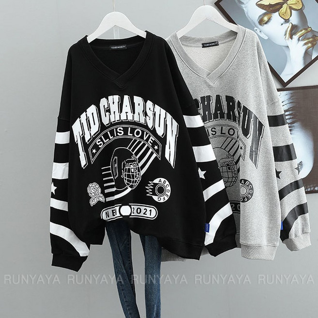 기모 /기모 아님 브이넥 맨투맨 빅사이즈 봄 가을 루즈핏 긴팔 상의 레이어드 긴팔 티셔츠 맨투맨티셔츠 D99U