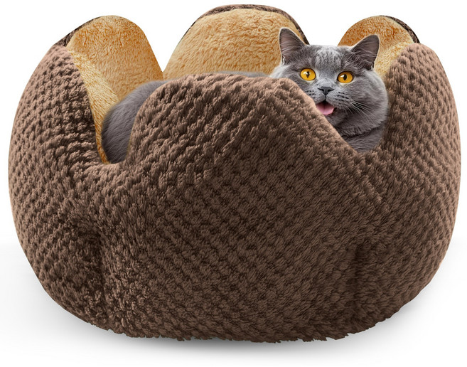 [Spring Blossoms] 선인장 모양 반폐쇄형 고양이 침대 - 탈착식 매트 포함 고양이가 안심하고 편안히 자는 따뜻한 플러시 펫베드, 1개, 갈색
