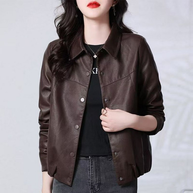 ORZQU 봄 여성 자켓 루즈핏 카라넥 숏 PU 가죽자켓