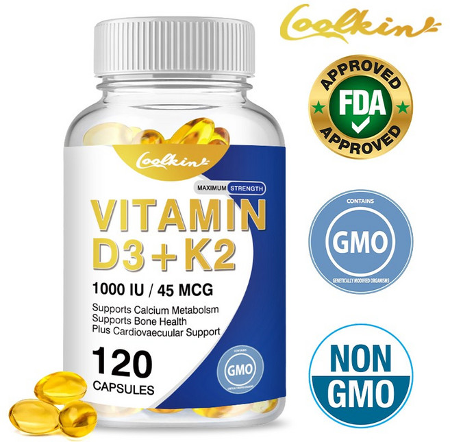 비타민 D3 1000 iu 플러스 K2(MK-7) 45mcg 코코넛 오일 소프트젤 | 2 in 1 비타민 D & K 복합제 | 칼슘 흡수 뼈 면역 및 심장 건강 지원, 3개, 60정