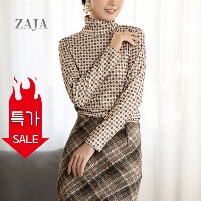 ZAJA 여성 목폴라 니트티 스판 슬림핏 체크 티셔츠 2 color