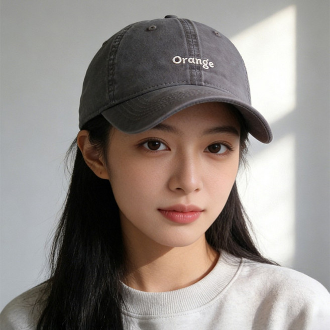 VITALO 베이직 자수 데일리 볼캡 남녀공용 오렌지 자수 코튼 캡모자 봄 여름 캐주얼 야구모자