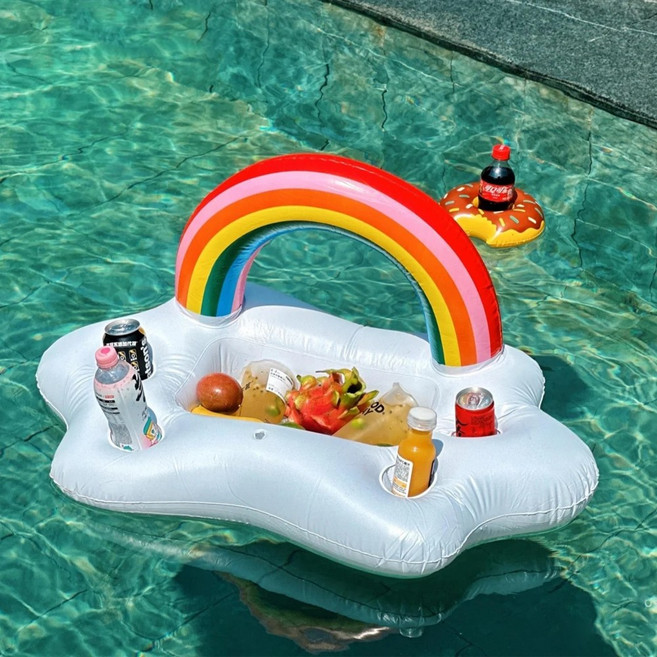 투데이리빙 레인보우 튜브 컵홀더 수영장 음료 홀더 물놀이 플로팅 트레이 음료수 컵튜브 쟁반 테이블 튜브형 거치대, R98180A(레인보우, 60x40x40cm, 1개