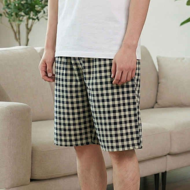 고슬고슬한 촉감 남성 여성 깅엄 체크 5부 주머니 반바지 파자마 잠옷 바지 P-1015