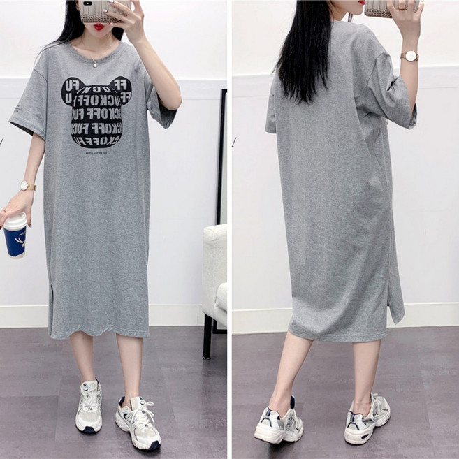 純棉短袖寬鬆大碼T恤裙女夏季中長款開叉連衣裙, 738灰色,XL