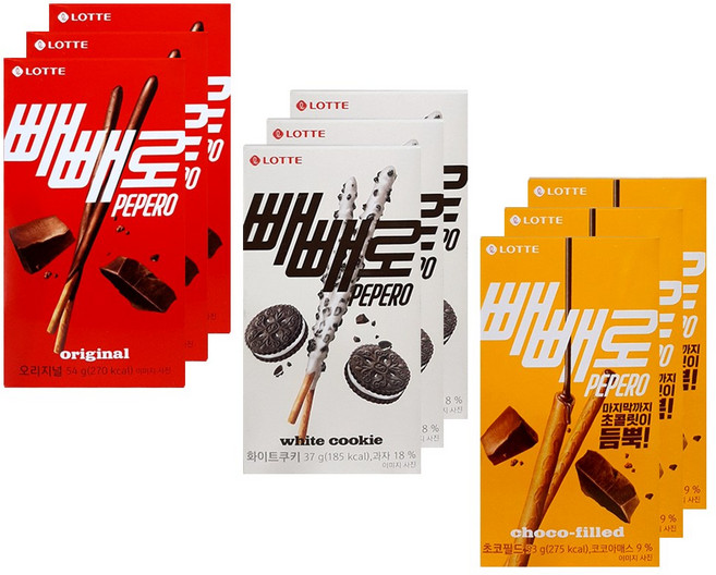 롯데웰푸드 빼빼로 3종 3개씩 (초코 오리지널54g+화이트쿠키37g+초코필드53g), 1개