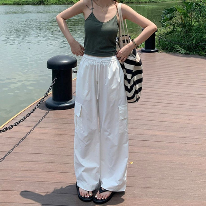 네모엔룩 여성용 밴딩카고 뉴트로 빈티지 허리밴딩 스트링 포켓 아메카지룩 와이드 통 팬츠