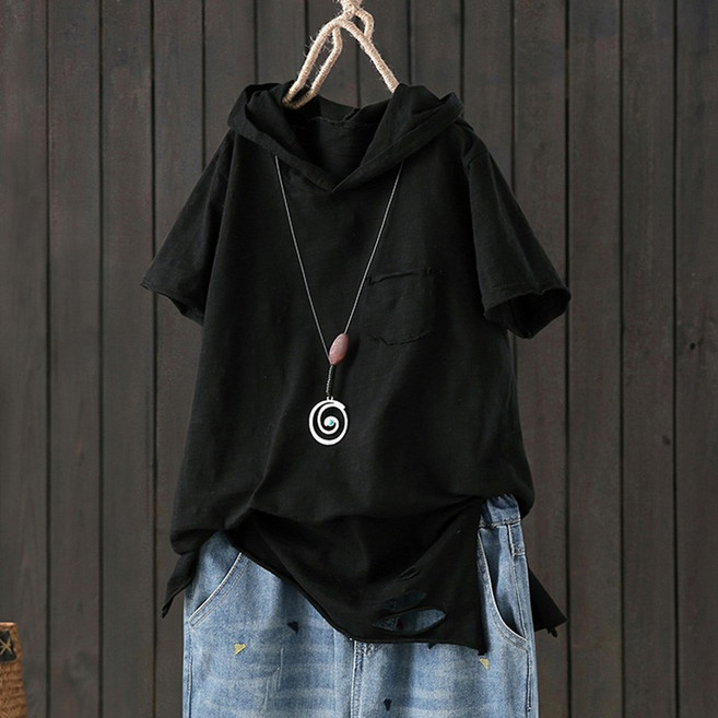 지디오 여성 반팔 후드 티셔츠 트임 포켓 무지 후드티 여자반팔티 여름