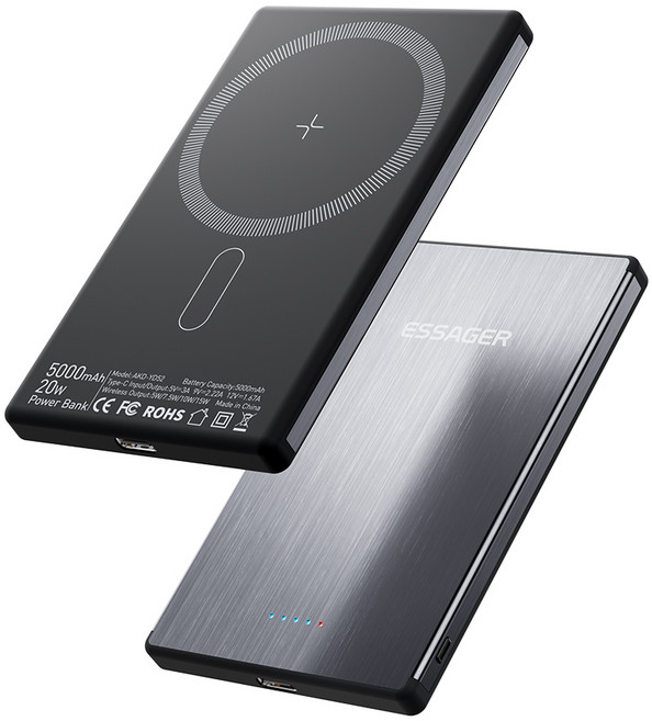 Essager C타입 울트라 슬림 초경량 미니 고속 유선 무선충전 휴대용 맥세이프 보조배터리 5000mAh 항공 표준에 부합, 그레이