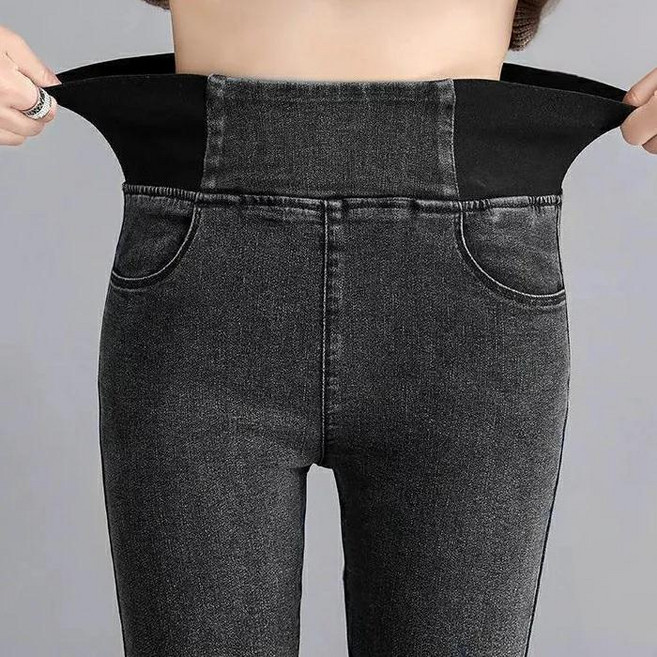 shiny 彈力鬆緊高腰牛仔鉛筆褲