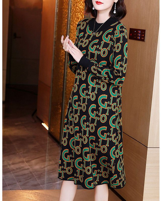 COSYEVNO 중년 엄마 긴팔 원피스 겨울 라운드넥 레터링 프린트 빈티지 루즈핏 멋스러운 심플 40-50대 미디스커트 CXJmmlyq-30