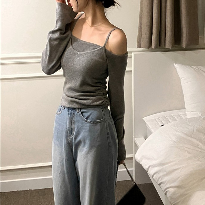 쪼예 [투피스] 청순 섹시 오프숄더 투웨이 뷔스티에 긴팔 니트 세트