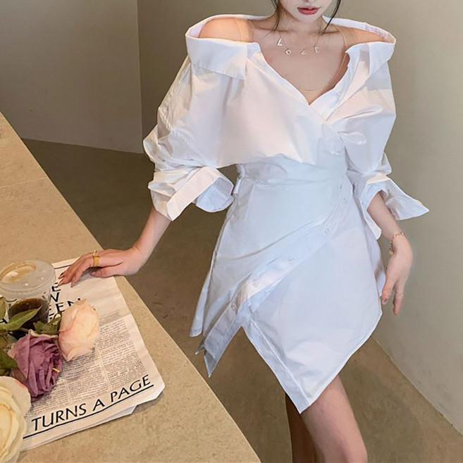 POMTOR 화이트 일자 어깨 긴팔 셔츠 원피스 여 여름 고급 브이넥 언밸런스 트임 원피스