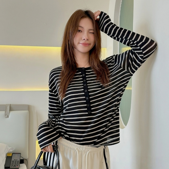 무니유유 텐셀원단 레트로 반오픈 스냅버튼 스트라이프 아이스 쿨 긴팔 티셔츠