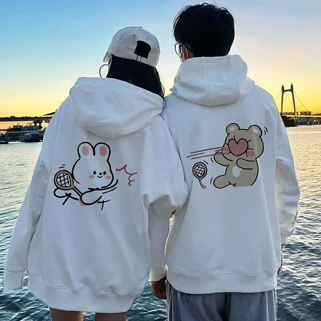 1+1 커플 토끼 곰돌이 기모 맨투맨 빅사이즈 오버핏 후드티 가을 겨울