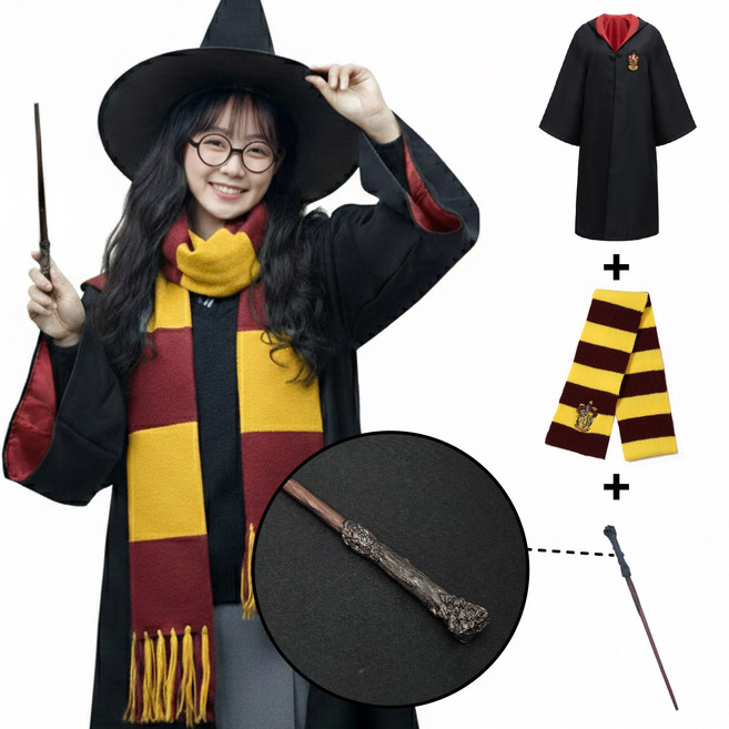 [청춘교복] 고퀄리티 해리포터 지팡이 3종세트 로브+머플러+지팡이 코스프레 할로윈 마법사 졸사 졸업사진
