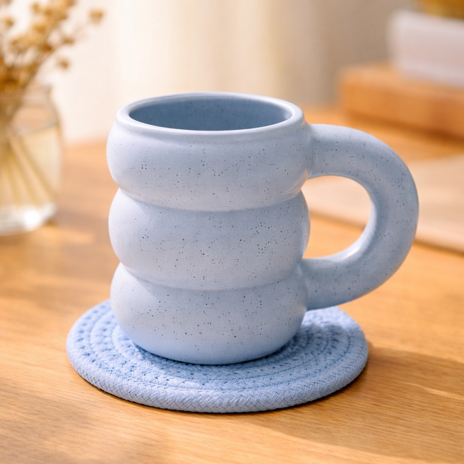 코시나보니따 뚱뚱 도자기 머그컵 300ml+컵받침, 1세트, 블루머그+블루티코스터