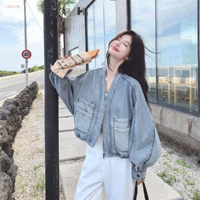 休閒V領牛仔短外套女春秋新款