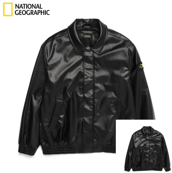 [백화점출고] 내셔널지오그래픽 남여공용 블루종 비건 레더 자켓 CARBON BLACK