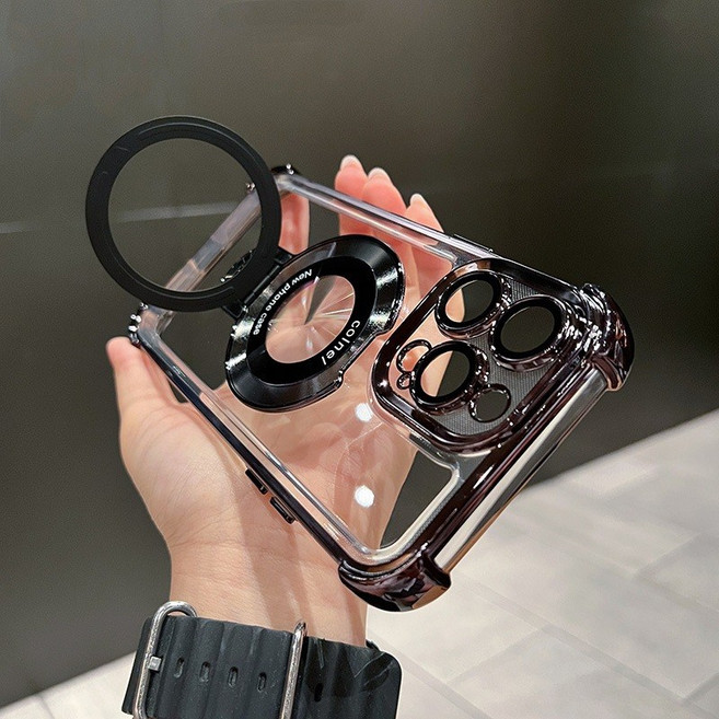 iPhone 13 手機殼 新升級四角加厚氣囊磁吸支架保護殼 電鍍氣囊防摔支架殼 石墨黑