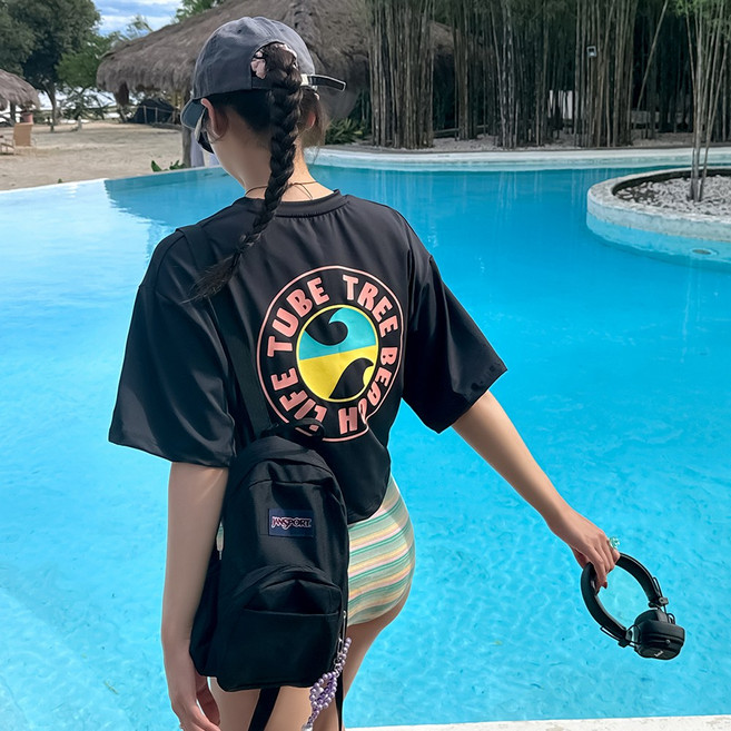 [비치팜]여성 리프 크롭 래쉬가드 상의 비치 커버업, 핑크