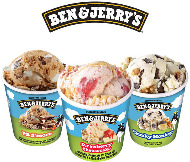 벤앤제리스 파인트 아이스크림 3종 혼합구성(스트로베리치즈케익+피비스모어+청키몽키)