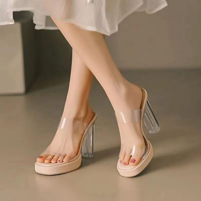 一字帶透明粗跟厚底涼拖鞋 女, 專櫃款9cm跟高2025,37, N/A, 235mm