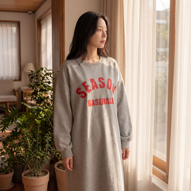 상상그이상 여성용 국내제작 기모 오버핏 베이스볼 레터링 포인트 롱원피스 캐주얼 마실룩 홈웨어룩