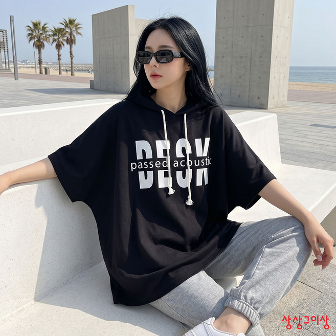 상상그이상 여성용 국내제작 데스크 후드 티셔츠 포인트 영문 레터링 루즈핏 반팔 티셔츠