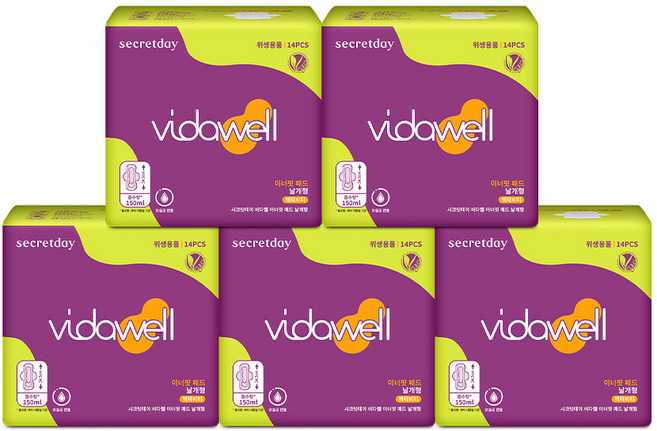 [비건라이프] 비다웰 시크릿데이 요실금 이너핏 패드 날개형 성인기저귀, 14매입, 5팩