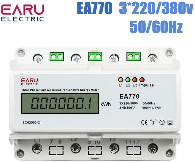 [누리공구]삼상 4선 전자 활성 에너지 미터 kWh 전력 소비 모니터 DIN 레일 50/60Hz 3X5(100)A LCD LED, 01 EA770-3x220Vor380V, 1개