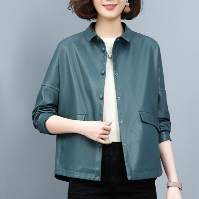 POMTOR 중년 여성 봄가을용 숏 가죽 자켓 패셔너블한 빅사이즈 캐주얼 외투