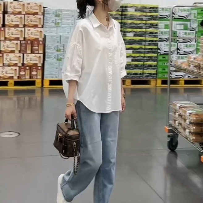 女裝 寬松 中袖 襯衫