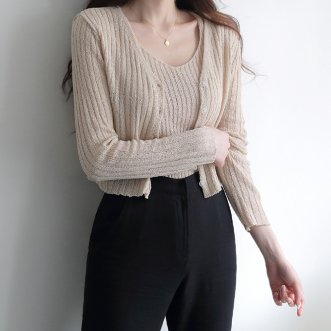 국내배송 우체국택배 제니트 여리핏 여성 나시 가디건 니트 세트 크렘나시세트